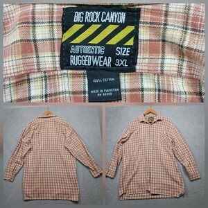 Big Rock Canyon Plaid Flannel Shirt Men's 3XL Brown Tan Long Sleeve Cotton